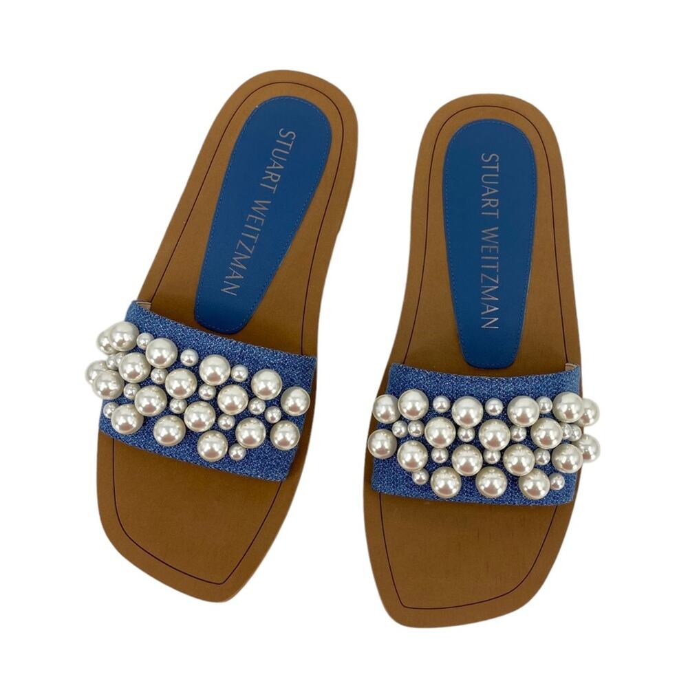 New Stuart Weitzman Goldie Pearl Embellished Slide Sandals in Denim Size 9